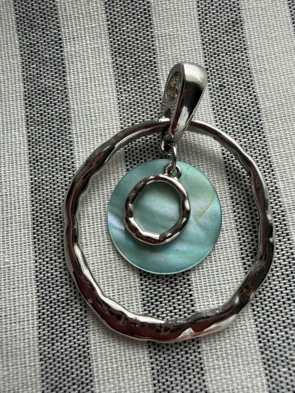 Silver Hoop Necklace with Blue-Green Mother-of-Pearl Disc